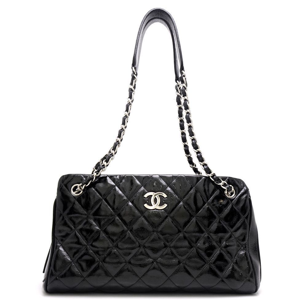 Chanel Chain Tote Bag Matelasse Patent Leather Black